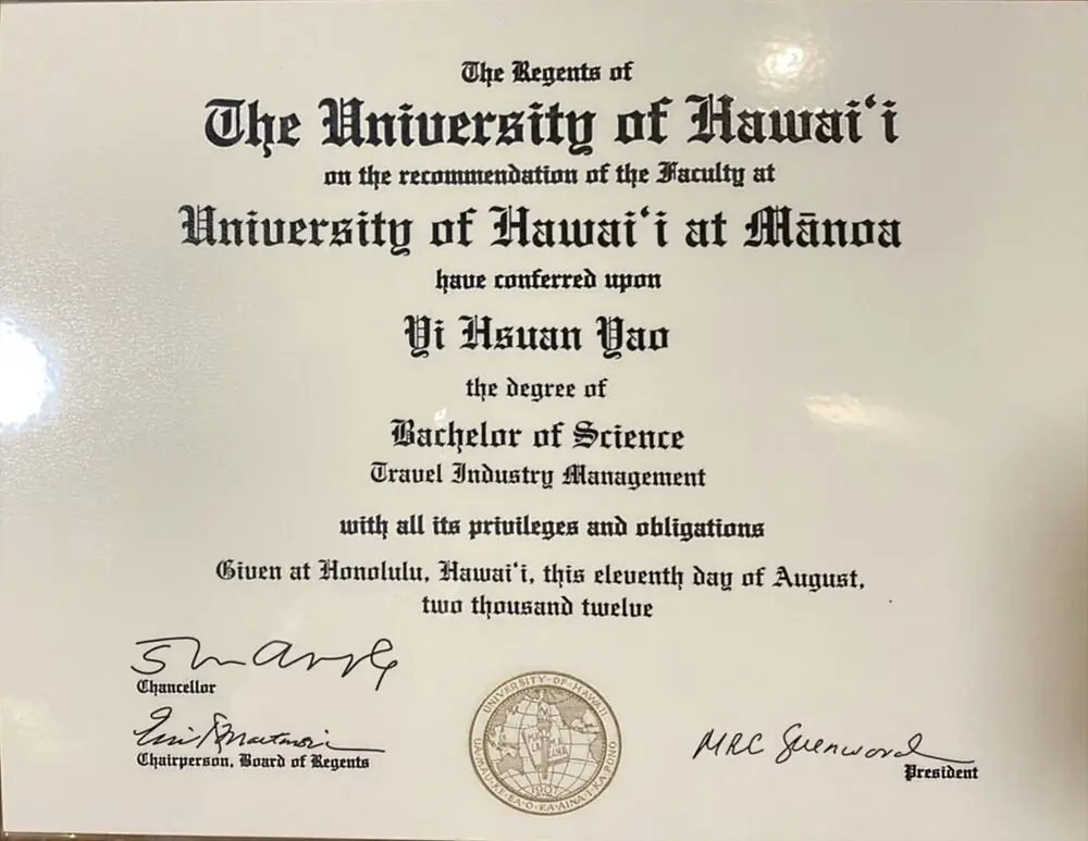 University of Hawaiʻi at Mānoa Bachelor of Science diploma awarded to Yi Hsuan Yao in 2012